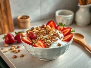 Iogurte Natural Energético com Castanhas e Morangos